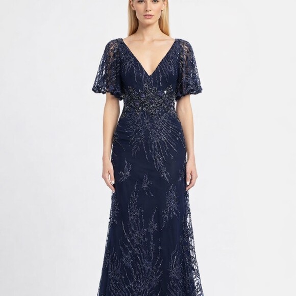 Mac Duggal Dress Gown 18 Embellished Illusion Flutter Sleeve A-Line 20301 NWT - Picture 5 of 15